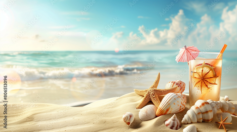 Sand dunes on seaside shells, sandals, sunglasses, cocktail, background, beach Sand dunes on seaside shells, sandals, sunglasses, cocktail, background, beach