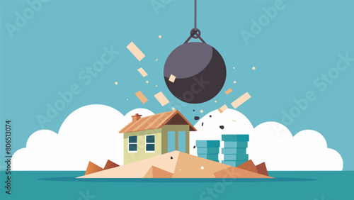 In the second image the wrecking ball swings and collides with the roof of the building causing it to crumble and fall to the ground.. Vector illustration