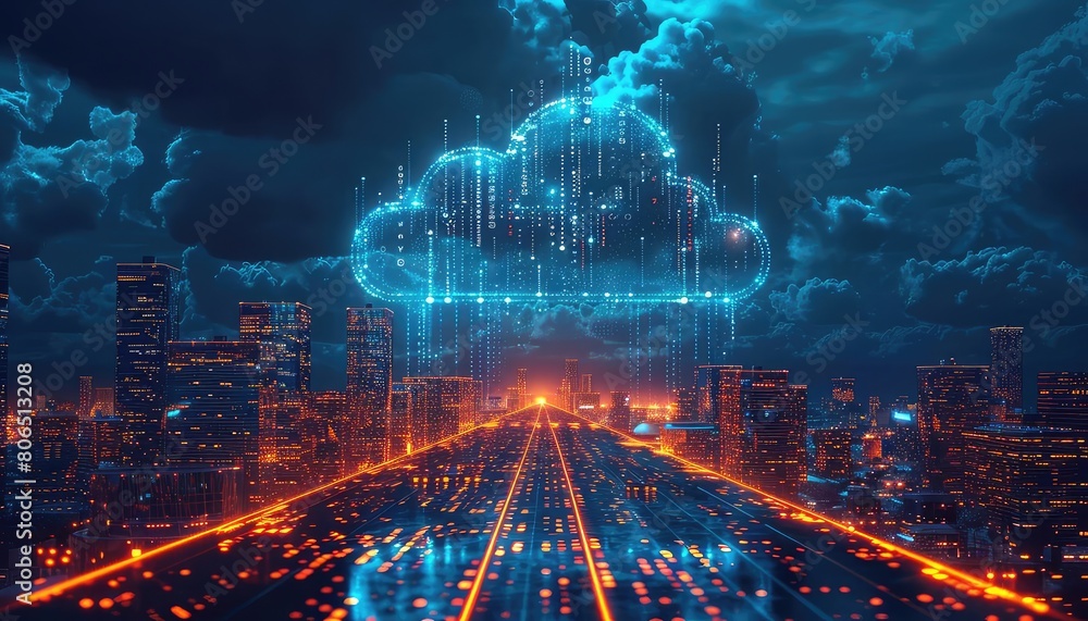 A digital superhighway of information flows through a vibrant city. The data streams from the cloud, represented by a glowing blue cloud, illuminating the cityscape below. A digital superhighway of information flows through a vibrant city. The data streams from the cloud, represented by a glowing blue cloud, illuminating the cityscape below.