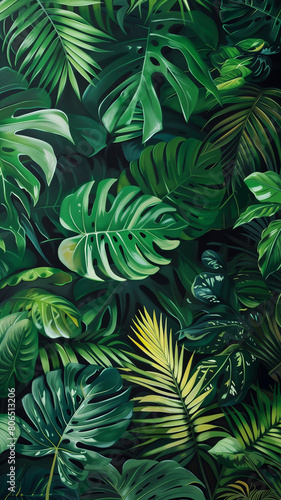 Tropical green leaves create a lush and vibrant background