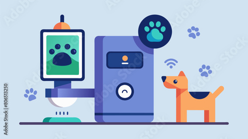 A hightech dispenser equipped with a camera allowing owners to see their pets joy as they dispense treats from miles away.. Vector illustration