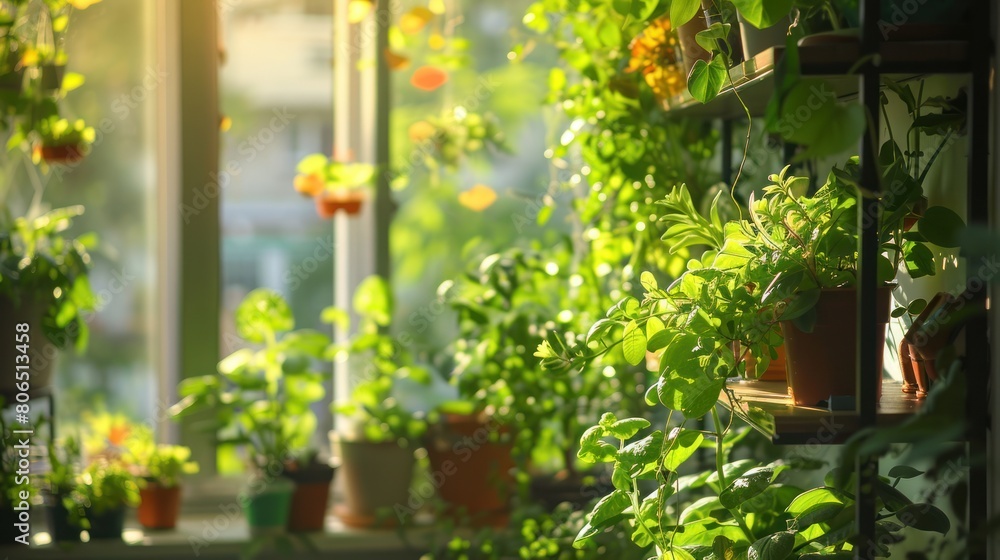 The lush green leaves of the plants are thriving in the sunlight that streams in through the window. The lush green leaves of the plants are thriving in the sunlight that streams in through the window.