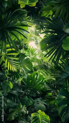 Tropical green leaves create a lush and vibrant background