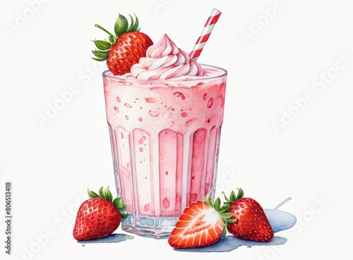 Drawing of a strawberry milkshake glass with a drinking straw on a white background 