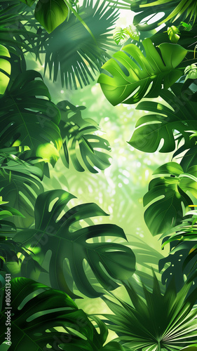 Tropical green leaves create a lush and vibrant background