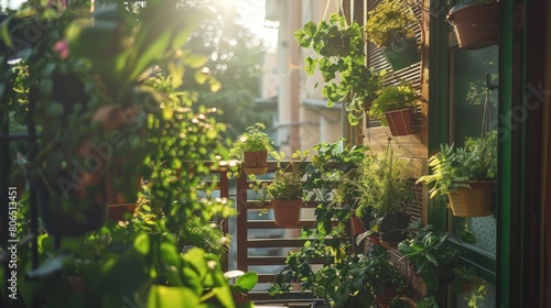 The lush balcony garden is a perfect place to relax and enjoy the outdoors. With a variety of plants and flowers, this balcony is a true oasis in the middle of the city.