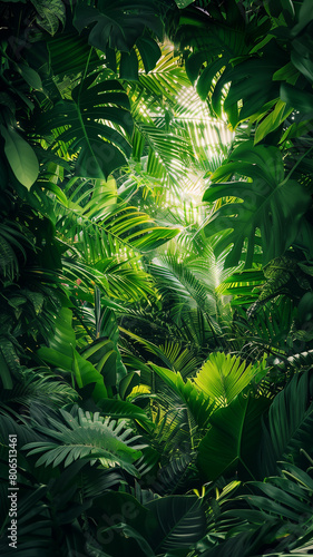 Tropical green leaves create a lush and vibrant background