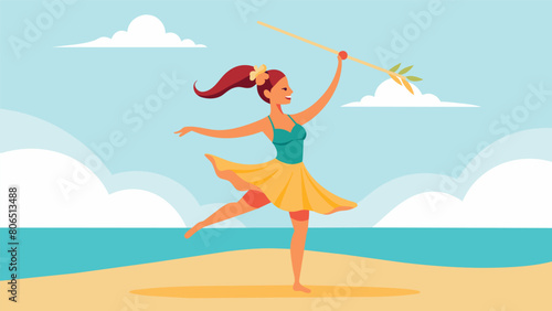 A skilled performer incorporating elements of hula dancing into her baton twirling routine on the beach.. Vector illustration