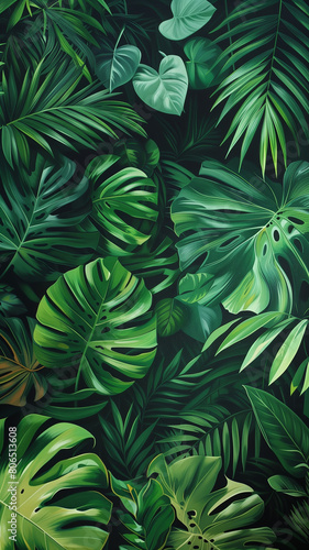 Tropical green leaves create a lush and vibrant background