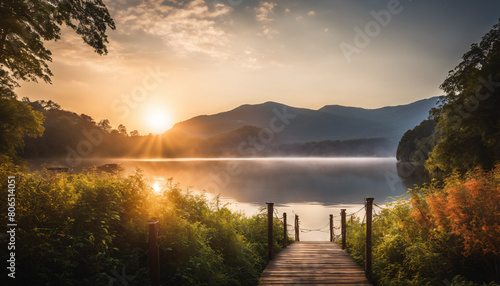 The small wood dock and the reflection lake in a majestic sunset or sunrise view.