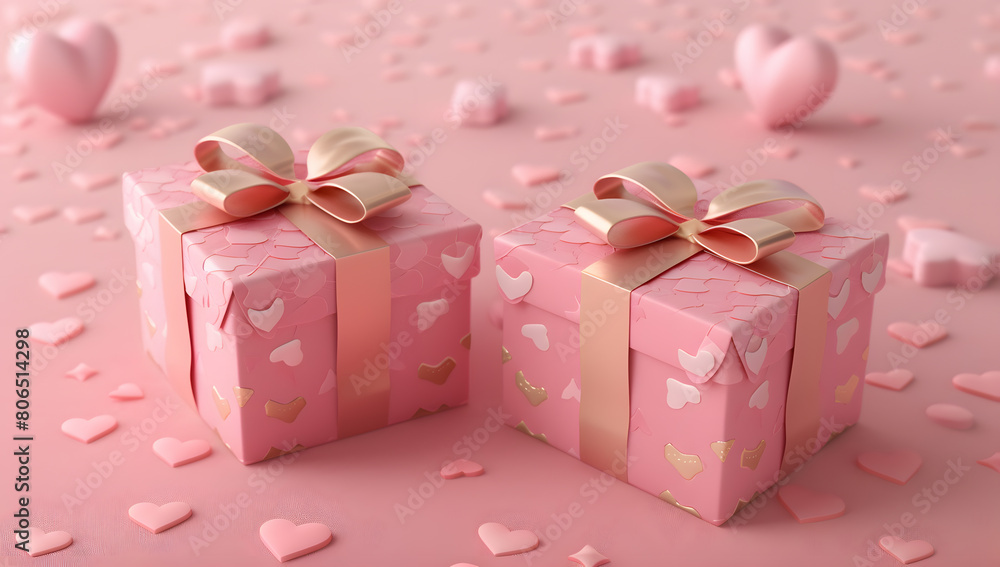 Pink Gift Boxes and Hearts on Festive Background