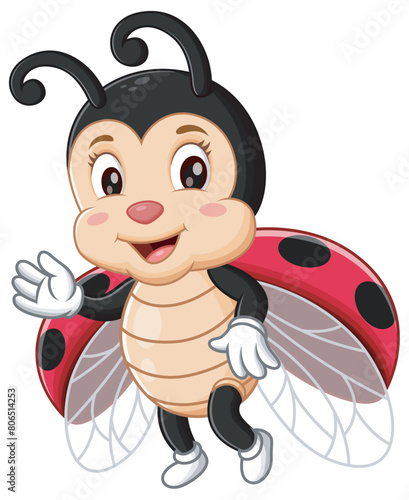 Cute Little Ladybug Cartoon Waving Hand. Animal Nature Icon Concept Isolated Premium Vector. Vector Illustration