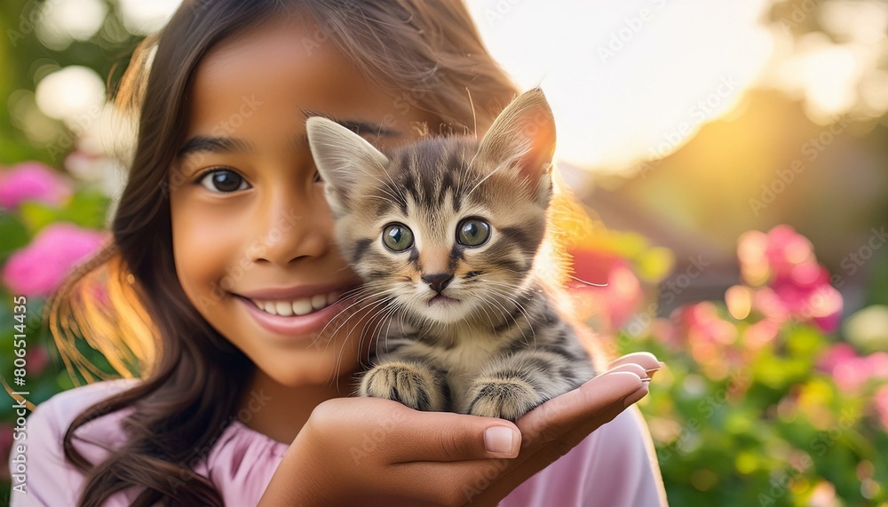 Cute little kitten sitting on a girl's hand Cute little kitten sitting on a girl's hand