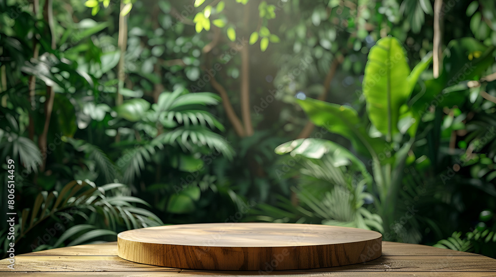 Mock up 3D Wooden table in jungle ,generative ai