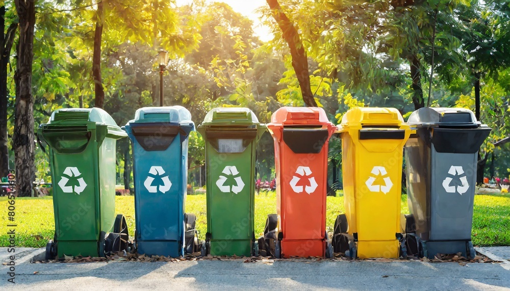 Different color recycling bins in city park bins for collection of recycle materials. Different color recycling bins in city park bins for collection of recycle materials.