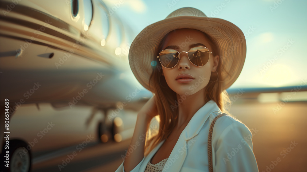 Elegant young woman in sunglasses and a wide-brimmed hat stands by a private jet during a golden sunset. Elegant young woman in sunglasses and a wide-brimmed hat stands by a private jet during a golden sunset.