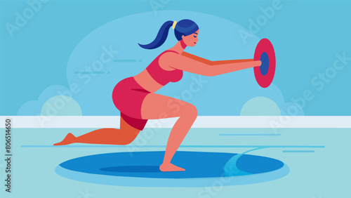 A woman holding onto a pool noodle and using it to perform squats and lunges in the deeper end of a pool targeting leg muscles with low impact.. Vector illustration
