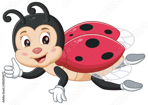 Cute Ladybug Cartoon Flying Give a Thumb Up. Animal Nature Icon Concept Isolated Premium Vector. Vector Illustration