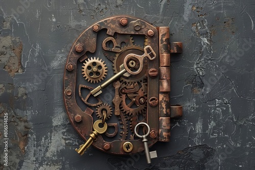 A steampunkstyle padlock with multiple keyholes and a key that can change its shape photo