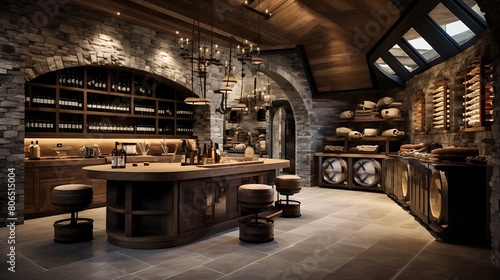 A sophisticated wine cellar with climate-controlled storage, tasting area, and rustic decor