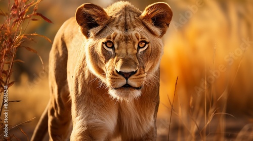 A female lioness stands tall in a side pose