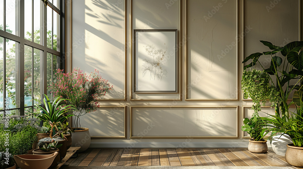 Home mock up, cozy modern kitchen interior background, 3d render. On the wall, there are Parisian-style moldings, with subdued and light colors, along with an empty picture frame. The colors consist o