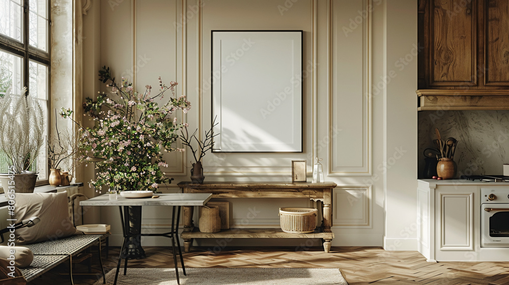Home mock up, cozy modern kitchen interior background, 3d render. On the wall, there are Parisian-style moldings, with subdued and light colors, along with an empty picture frame. The colors consist o Home mock up, cozy modern kitchen interior background, 3d render. On the wall, there are Parisian-style moldings, with subdued and light colors, along with an empty picture frame. The colors consist o