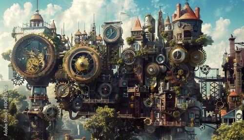 A whimsical world where people live inside clockwork structures  with gears powering their daily lives