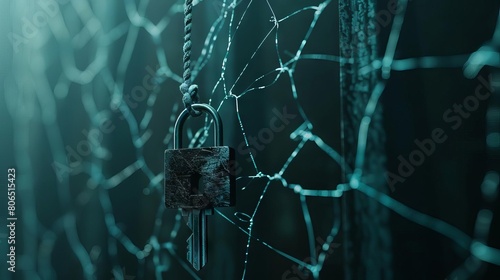 An abstract concept of a padlock and key suspended in a web of strings, symbolizing interconnectedness