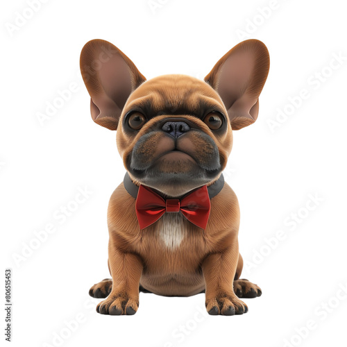 A 3D cartoon character of a sassy French Bulldog  with a raised eyebrow and a slight smirk  confident  wearing a stylish bow tie  isolated on a white background. 