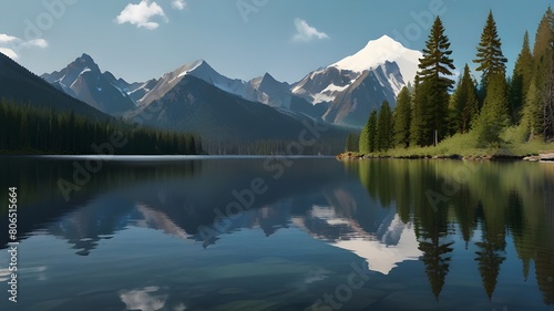 lake in the mountains  digital illustration capturing the serene beauty of a mountain lake nestled among towering peaks. Crystal-clear waters reflect the azure sky and rugged landscape  creating a mir