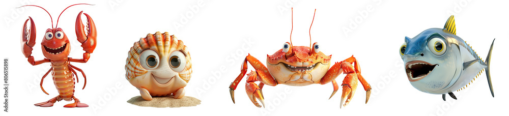 Set of 3D cute happy cartoon shrimp lobster, sea shellfish, crab, tuna ...