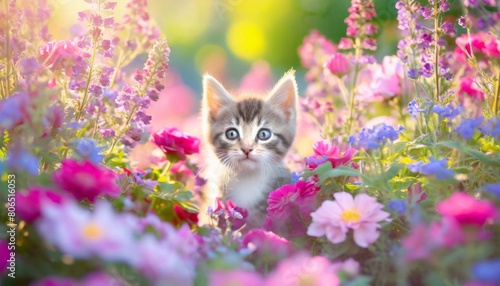 花に囲まれたかわいい子猫