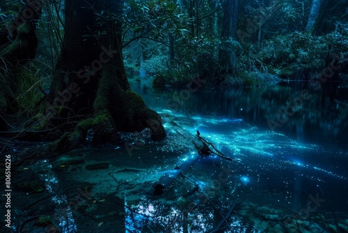 Explore the eerie beauty of a submerged forest at night, where bioluminescent organisms illuminate the darkness, casting an ethereal glow, Generative AI
