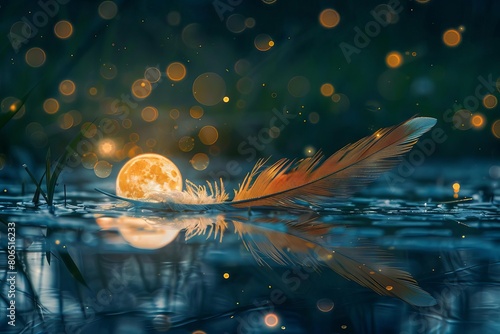An ethereal feather resting on the surface of a mirrorlike pond, reflecting the moons bright glow