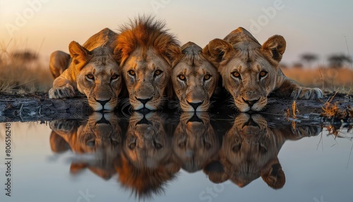 Four lions staring at their reflection in a watering hole