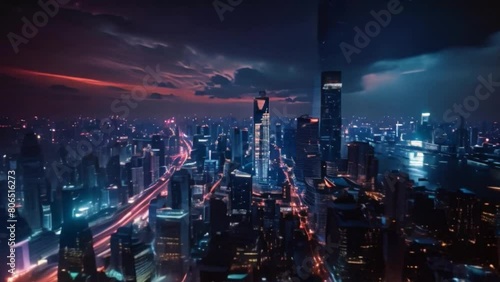 Wallpaper Mural Aerial view of capital city and city center skyscrapers at night with digital marketing technology city where global businesses analyze online marketing strategies. Torontodigital.ca