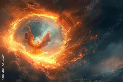 An ethereal phoenix flying through a ring of fire in the sky, creating a portal of bright light