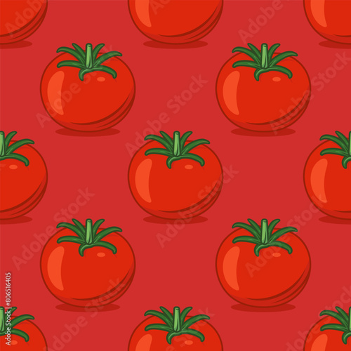 Vector Seamless Pattern with Whole Red Tomato on Red Background. Fresh Tomato Print for Textile, Paper