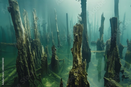 Explore the mysterious depths of a submerged woodland, where ancient tree trunks rise like ghostly sentinels from the murky depths, Generative AI photo
