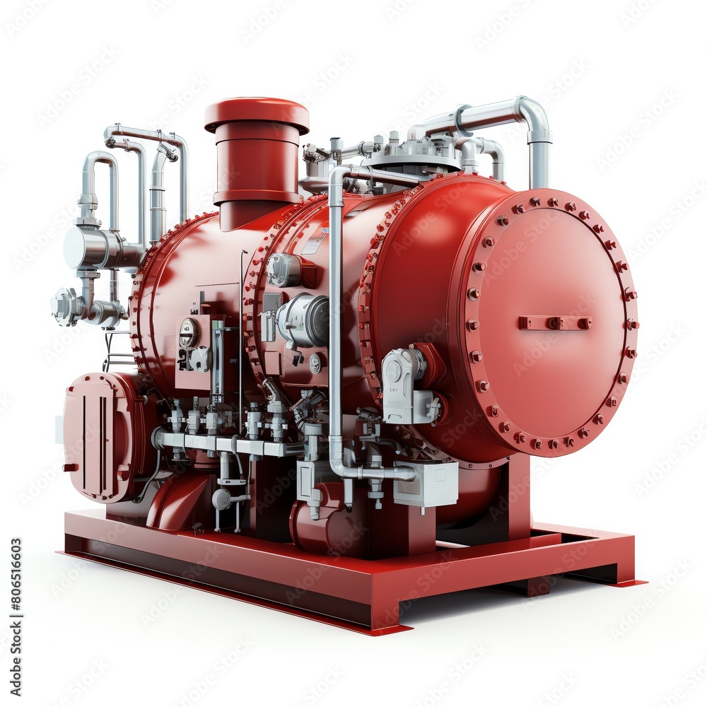 Miniature model of an industrial boiler system for chemical processing, against a clean white background Miniature model of an industrial boiler system for chemical processing, against a clean white background