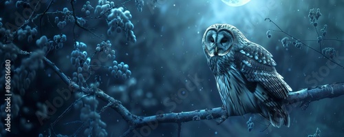 An owl perched on a tree branch, its feathers glowing like moonlight in the dark night photo