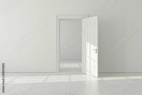 An empty room with a white background color  featuring an open door on the wall.