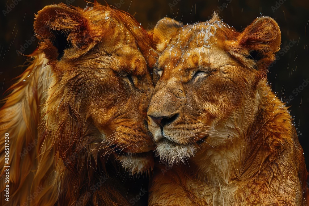 Naklejka premium Two lions, one male and one female, are standing close to each other in the rain