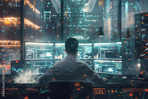 An individual is observed in front of multiple screens  surrounded by floating data and code  set against a futuristic workspace backdrop.