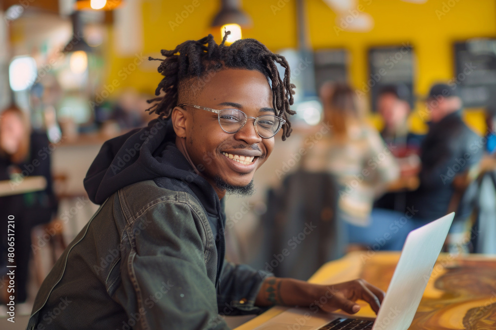 A cheerful young man with glasses sitting at a table in front of his laptop, smiling and looking into the camera while working on the computer. A cheerful young man with glasses sitting at a table in front of his laptop, smiling and looking into the camera while working on the computer.