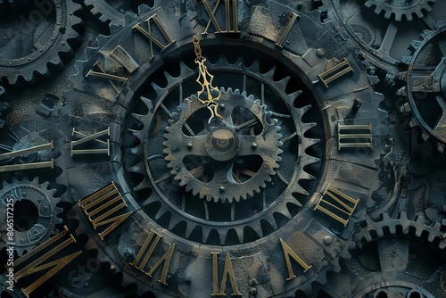 A conceptual image of a clock buried in gears, emphasizing the overwhelming machinery needed to keep time