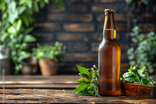 bottle of beer on wooden planks with copy space, dark background. Mockup template for website design, +8k+ real photo taken