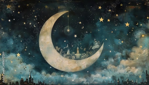 Wallpaper Mural A crescent moon as a stage for a fairy orchestra, playing celestial tunes to an audience of stars Torontodigital.ca