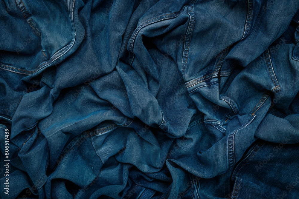 A top view shows a pile of denim in a dark blue tone. A top view shows a pile of denim in a dark blue tone.